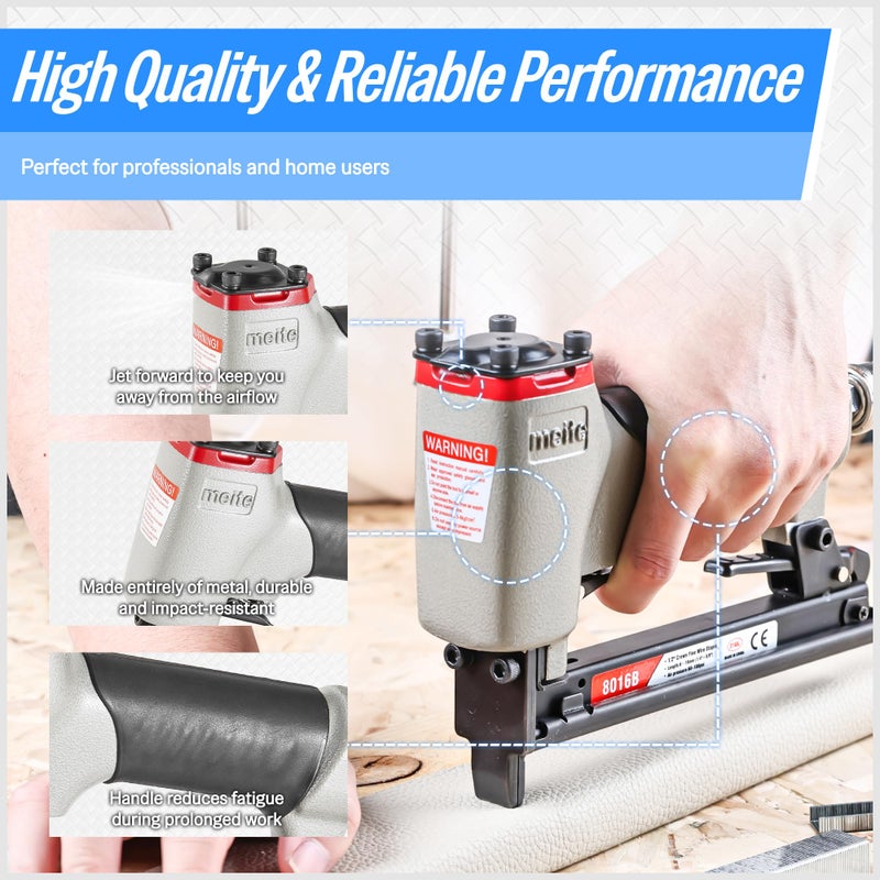 meite Pneumatic Upholstery Stapler Tool for 21 Gauge 1/2-Inch Crown Staples, Heavy-Duty Stapler for Woodworking, Carpentry, and DIY Projects (Model 8016B) - Image 5